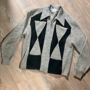 Vintage 60s Retro Gray Orlon Full Zip Knitwear Sueded Patchwork & Collar Detail